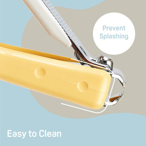 Baby nail clipper with splatter-proof case for 9+ months, angled view showcasing safety and ease of use.