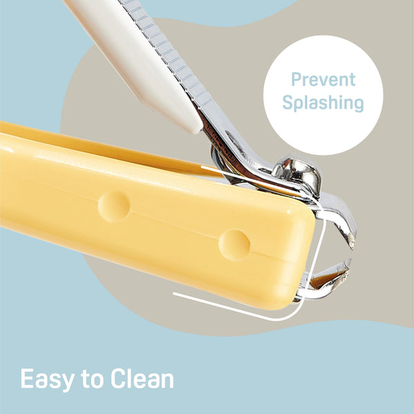 Baby nail clipper with splatter-proof case for 9+ months, angled view showcasing safety and ease of use.