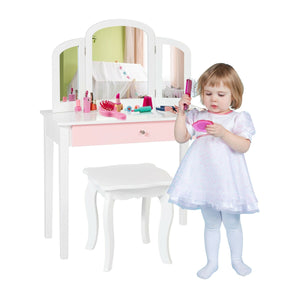 Kids princess makeup dressing table with tri-fold mirror and chair, perfect for imaginative play in bedding & sleep.