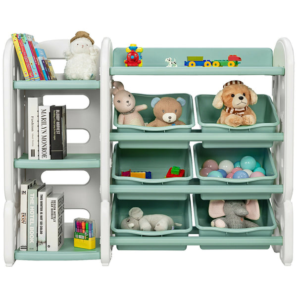 Kids toy storage organizer with bins and multi-layer shelf for bedroom or playroom, angle view 14.