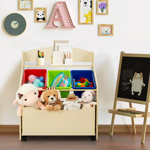 Kids wooden toy storage unit with rolling toy box and plastic bins, perfect for organizing playroom essentials.