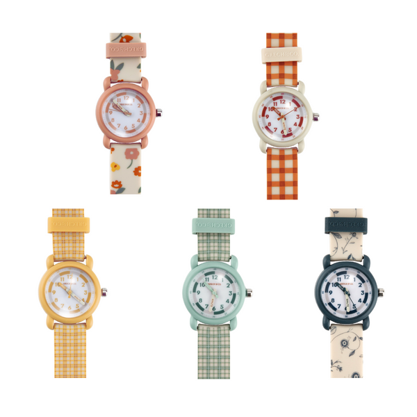 Classic watches in fern plaid, featuring silicone and stainless steel, perfect for baby accessories and seasonal wear.
