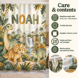 Care and contents of the Dino Jungle personalized kids shower curtain
