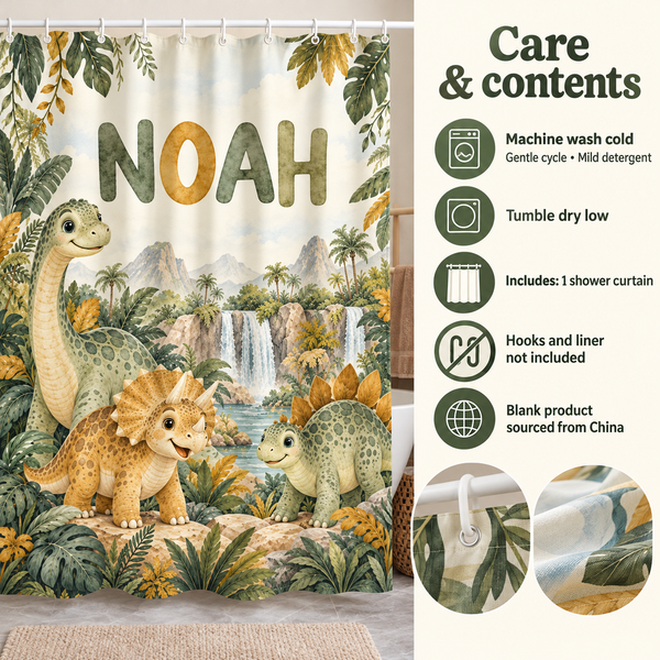 Care and contents of the Dino Jungle personalized kids shower curtain