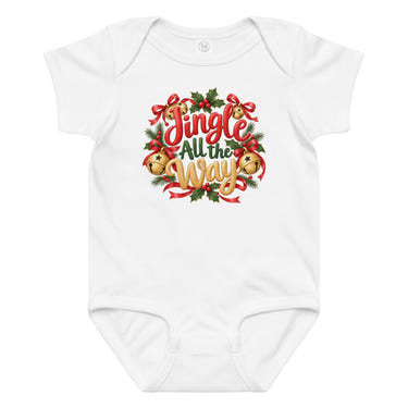 Jingle All the Way baby bodysuit in white, front view