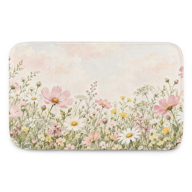Cosmos and Daisy Meadow kids bath mat, full view of the printed design
