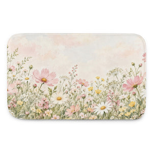 Cosmos and Daisy Meadow kids bath mat, full view of the printed design