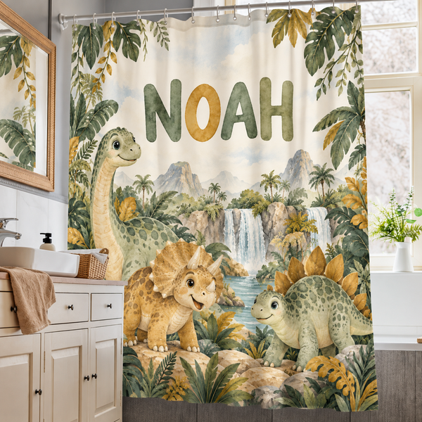 Dino Jungle personalized kids shower curtain over a bathtub