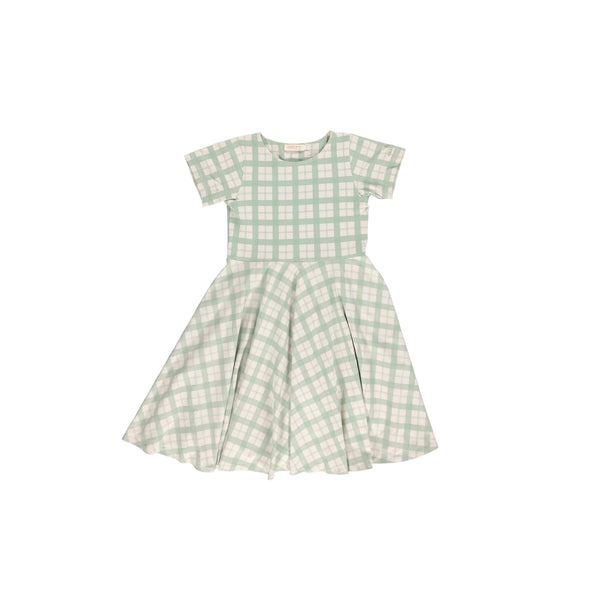 Sweetheart Twirl Dress in Fern Plaid - Organic Cotton Jersey for babies, perfect for swimwear and summer fun.