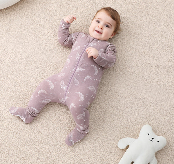 Bamboo Long Sleeve Zip Footed Pajamas - Feather Mauve