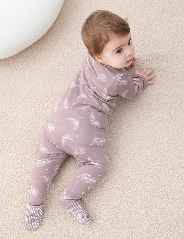 Bamboo Long Sleeve Zip Footed Pajamas - Feather Mauve