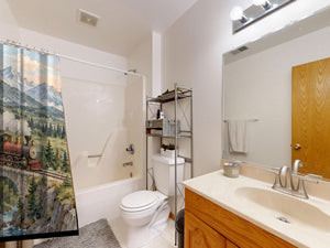 Panoramic Train Journey shower curtain on a tub shower combo in an American family bathroom