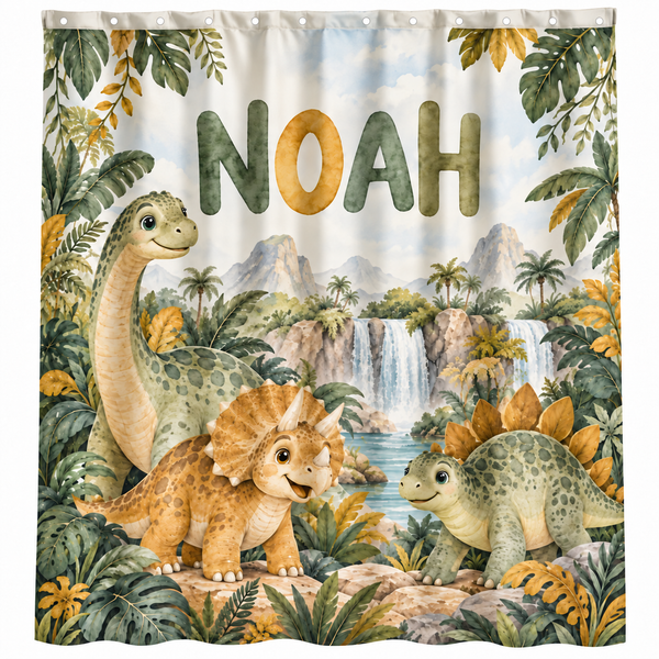 Personalized dinosaur jungle kids shower curtain with the name Noah