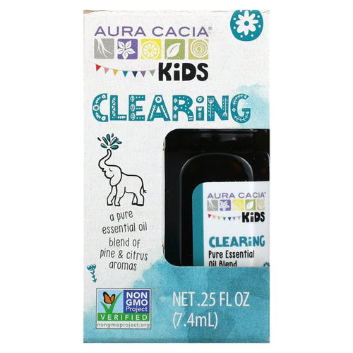 Aura Cacia Kids' Clearing Essential Oil 0.25 Fl Oz, promoting baby health and wellness, shown from angle 2.