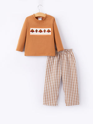 Fall Boys Thanksgiving Smocking Embroidered Brown Plaid Outfit Set