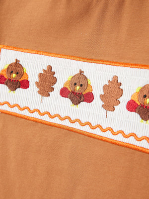 Fall Boys Thanksgiving Smocking Embroidered Brown Plaid Outfit Set
