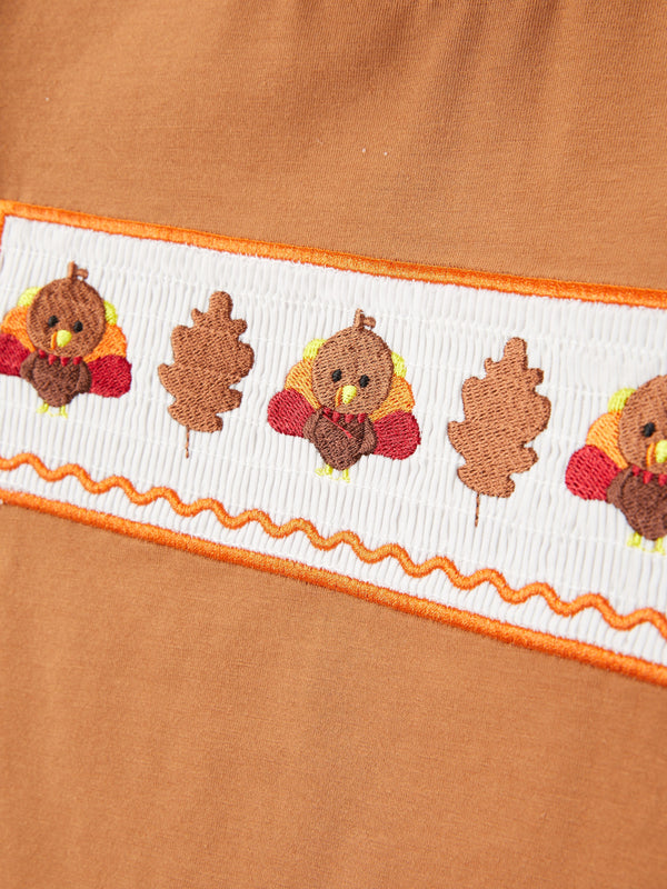 Fall Boys Thanksgiving Smocking Embroidered Brown Plaid Outfit Set