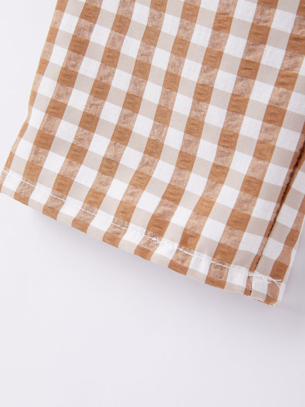 Fall Boys Thanksgiving Smocking Embroidered Brown Plaid Outfit Set