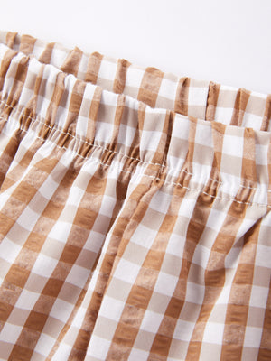 Fall Boys Thanksgiving Smocking Embroidered Brown Plaid Outfit Set