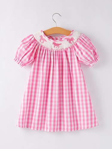 Horse embroidery smocking dress for babies, featuring a charming design perfect for special occasions.