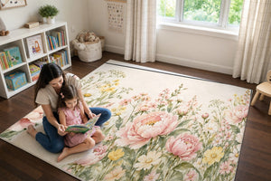 Mom and daughter reading a book on the Peony Garden play rug
