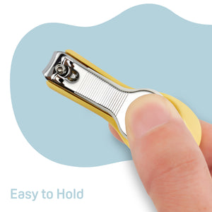 Baby nail clipper with splatter-proof case for 9+ months, angled view showcasing safety and ease of use.