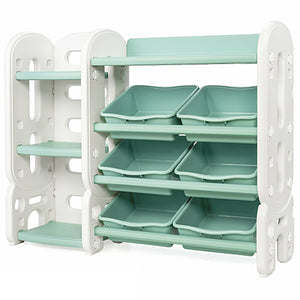 Kids toy storage organizer with bins and multi-layer shelf for bedroom or playroom, angled view.