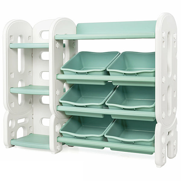 Kids toy storage organizer with bins and multi-layer shelf for bedroom or playroom, angled view.