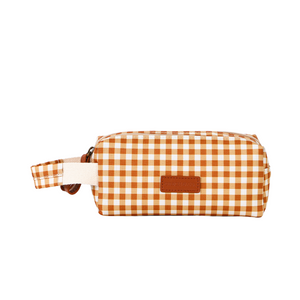Two Compartment Pencil Case in Sienna Gingham pattern, perfect for organizing school supplies.