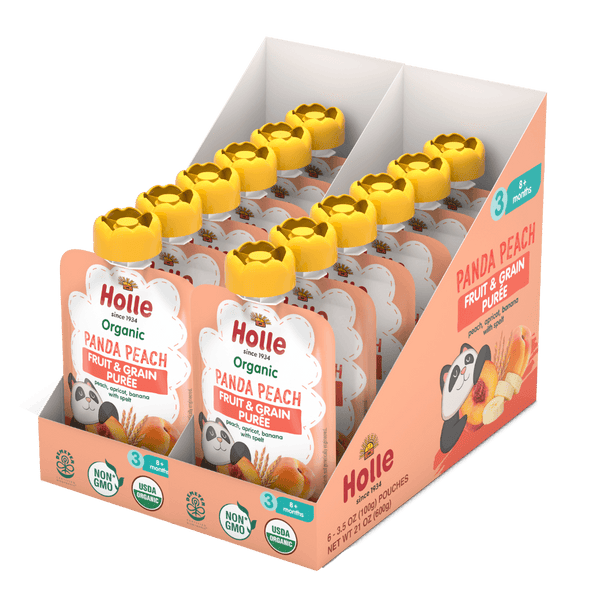 Holle Baby Food Pouches - Organic Fruit & Grain Puree -  Panda Peach