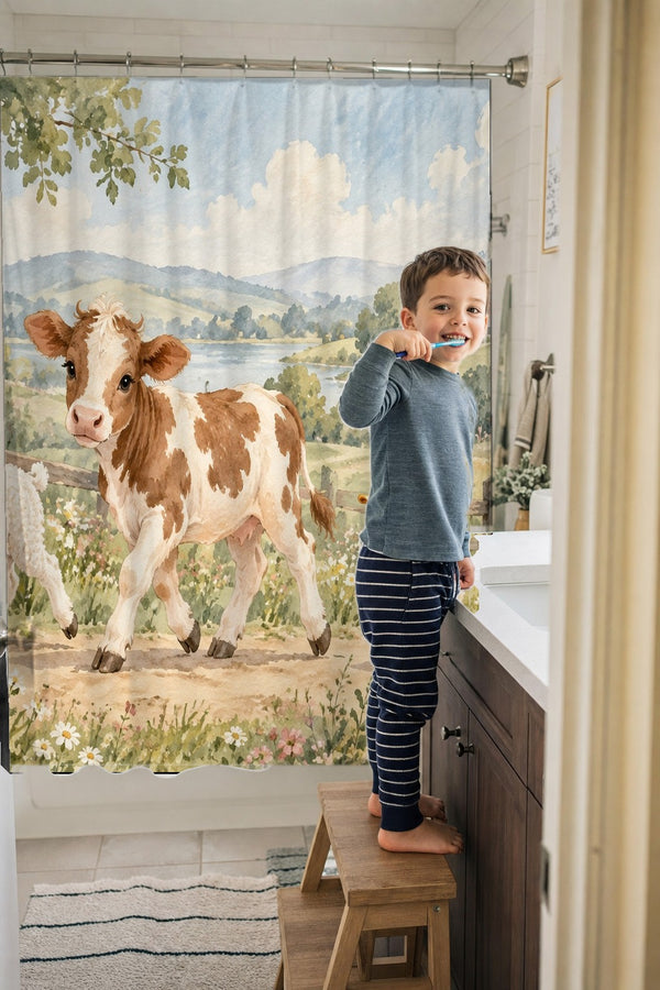 Child brushing teeth in a family bathroom with the Farm Parade shower curtain