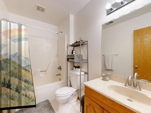 Golden Valley Rainbow shower curtain on a tub shower combo in an American family bathroom