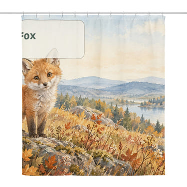 F is for Fox Alphabet shower curtain, full front view of the 71 x 74 in fabric curtain