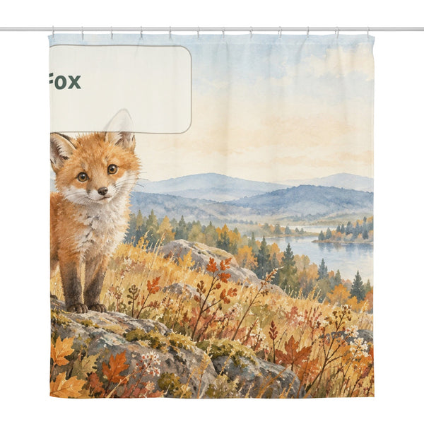 F is for Fox Alphabet shower curtain, full front view of the 71 x 74 in fabric curtain