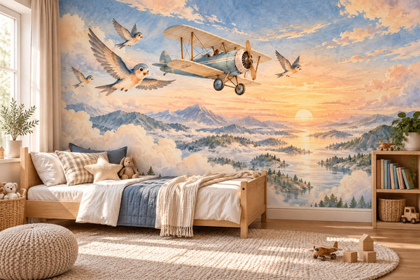 Watercolor Birds and Biplane Wall Mural, image 2