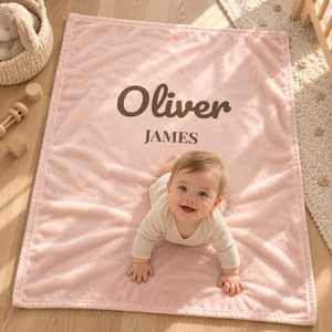 First and Middle Name minky baby blanket in blush, styled photo 2