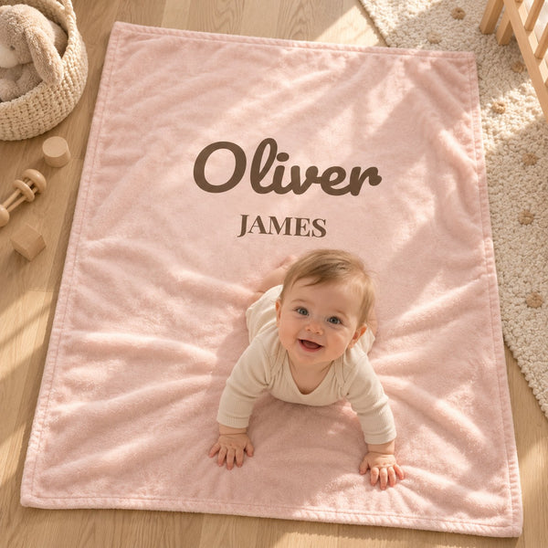 First and Middle Name minky baby blanket in blush, styled photo 2