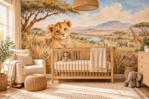 Watercolor Lion Cub Safari Wall Mural, image 1