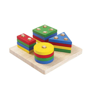 Geometric sorting board for babies, enhancing early learning and sensory play skills. Angle view showcasing vibrant shapes.