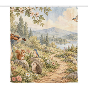 Rabbit Violin shower curtain, full front view of the 71 x 74 in fabric curtain