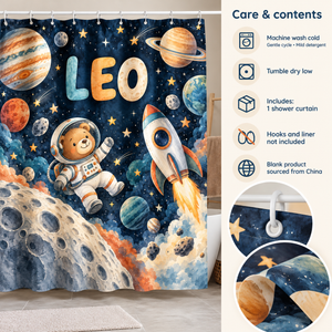 Care and contents of the Space Explorers personalized kids shower curtain