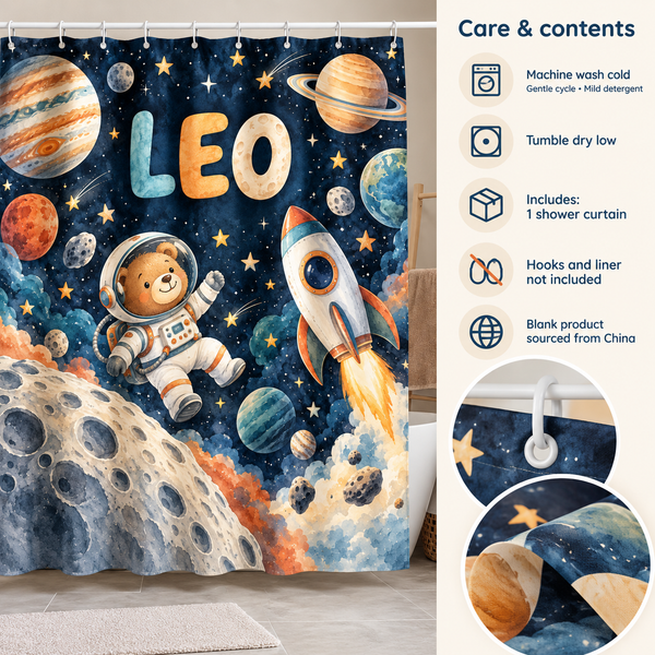 Care and contents of the Space Explorers personalized kids shower curtain