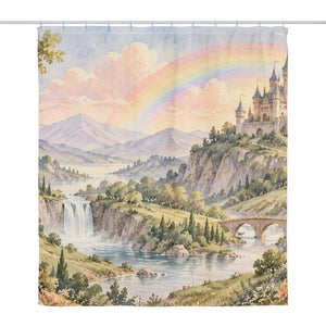 Rainbow Castle Fairy Tale shower curtain, full front view of the 71 x 74 in fabric curtain