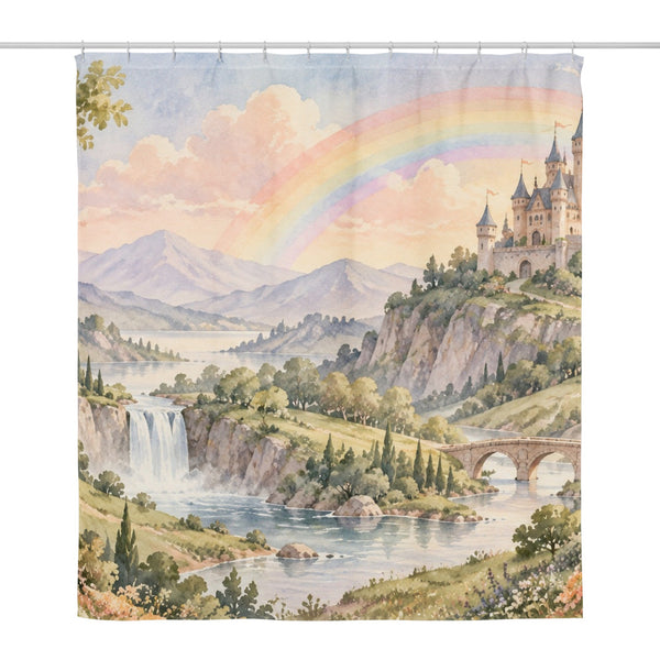 Rainbow Castle Fairy Tale shower curtain, full front view of the 71 x 74 in fabric curtain