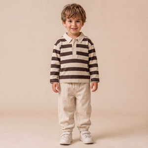 Organic Long Sleeve Polo - Mocha Stripe