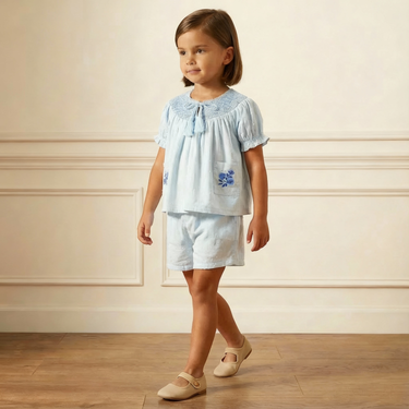 Organic Smocked Top & Shorts Set - Light Blue