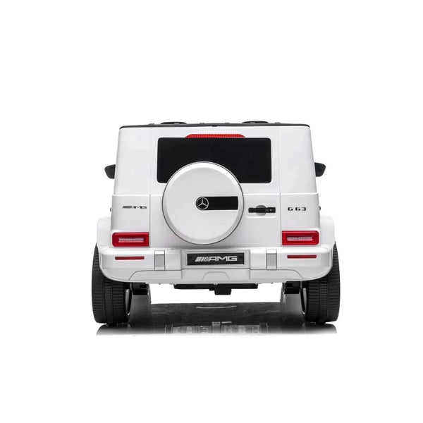 24V 4x4 Mercedes Benz G63 AMG ride-on car for kids, two-seater, angled view showcasing stylish design and features.