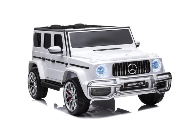 24V 4x4 Mercedes Benz G63 AMG ride-on car for kids, two-seater, stylish design, angle view.