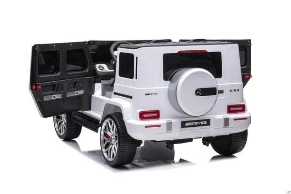 24V 4x4 Mercedes Benz G63 AMG ride-on car for kids, 2-seater G Wagon, angled view showcasing design and features.