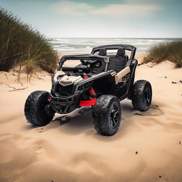 Kids electric ride-on 24V Can-Am Maverick UTV, 1-seater, angled view showcasing fun design and features.
